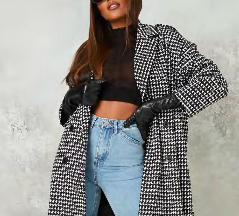 Womens Missguided Black Houndstooth Formal Oversized Midi Coat Size UK