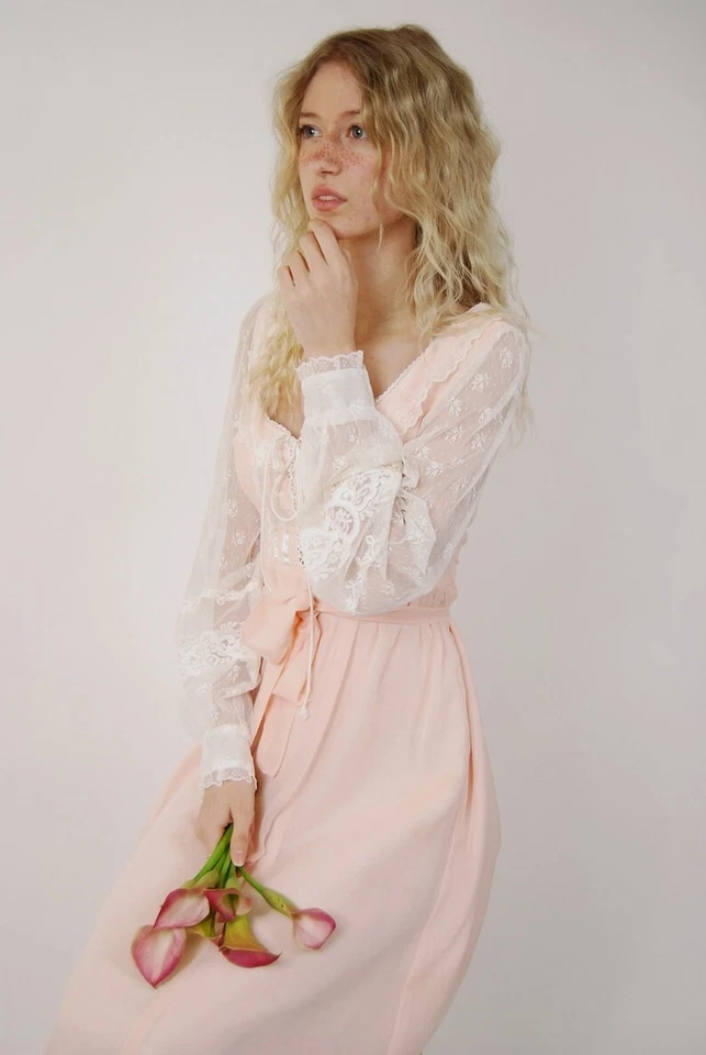 Vestido Gunne Sax Años 70 (S) Vintage Rosa Vestido Pradera Pequeño Boda Pradera Cordones Foto 4 de 4