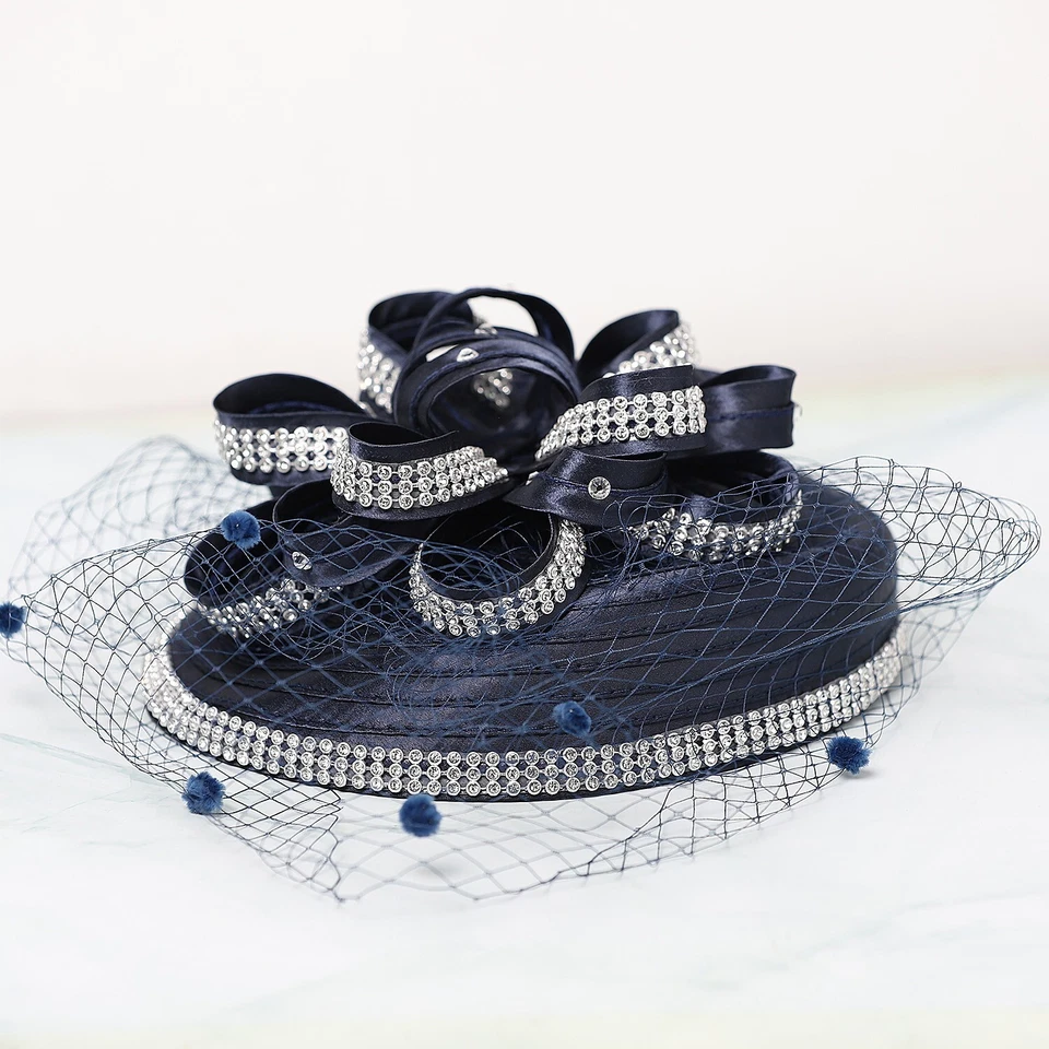Темно-синяя шляпа Fascinator для женщин Атласная ткань Дерби Чай Церковные шляпы Цветочная вуаль - Изображение 3 из 4
