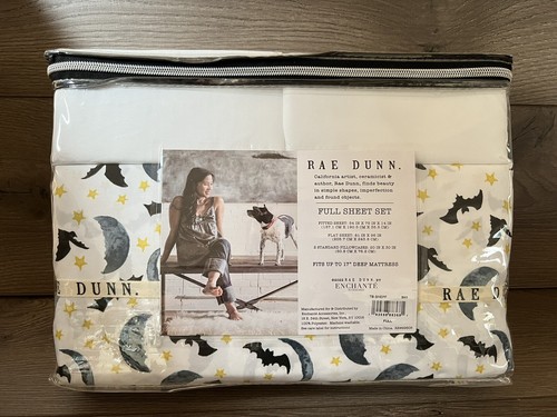4pc Rae Dunn Halloween SPOOKY Moon Bats FULL Sheet Set Stars Embroidered NEW - Picture 2 of 5
