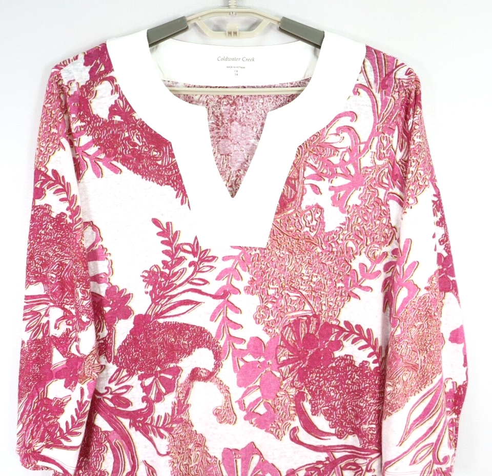 COLD WATER CREEK Women's 100 Linen 3/4 Sleeve Blouse Floral Multicolor