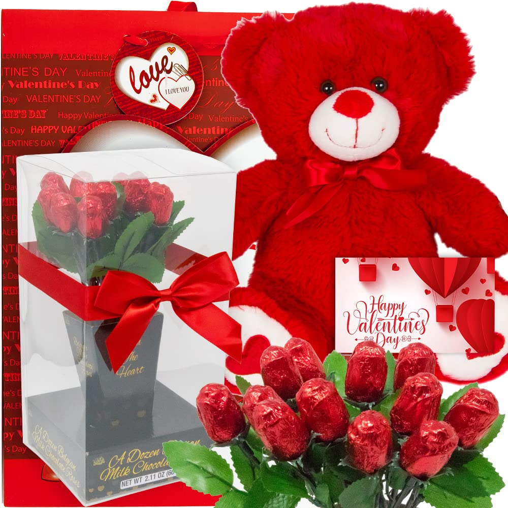 Valentine'S Day Gift Basket | Teddy Bear Plush 11 Inches, Dozen Belgian Milk Cho