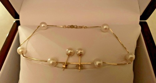 Solid 14k Yellow Gold Natural White Pearls Bracelet/14K Earrings Set by IPS