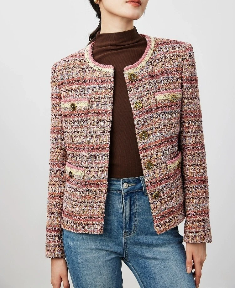 Handmade tweed boucle premium multi pink jacket with pockets size S M L XL