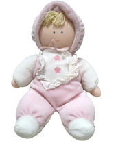 Eden 10" Soft Pink Velour Doll Blond Hair Lace Trimmed Bib