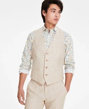 Bar Iii Mens Slim fit Button-Up Suit Vest - Large - Beige Solid