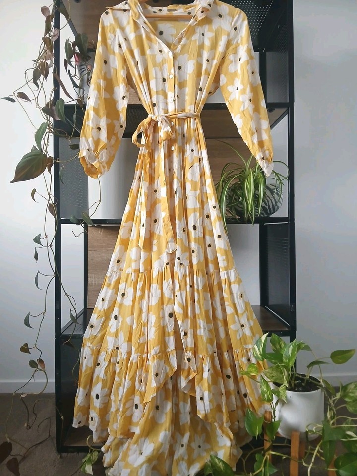 Buddha Wear Kinsley Wildflower Maxi Shirt Dress sz XS (8), Waist Tie, Buttons