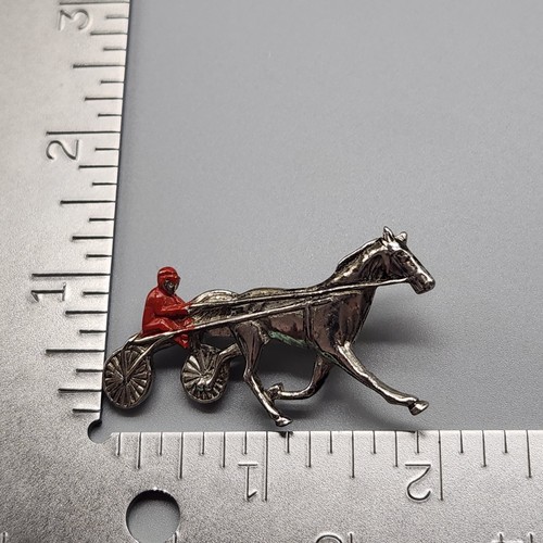 Vtg Horse Jockey Brooch Harness Racing Sulky Derby Race Pin Red Silver Tone Read - Picture 9 of 9