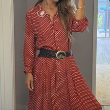 Vintage Red Polka Dot Button-Up Dress with Decorative Collar and Black Belt