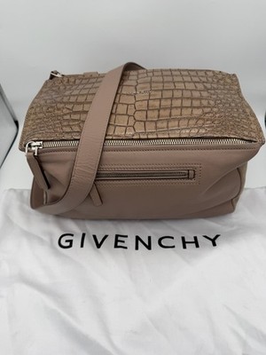 Authentic Givenchy Calfskin Crocodile Embossed Medium Pandora Taupe