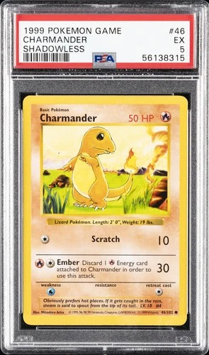 1999 POKEMON BASE SET SHADOWLESS #46 CHARMANDER PSA 5