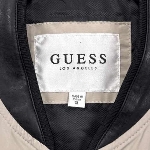 Guess Bomber Jacket XL Beige Black Polyester Faux Leather Trim Full Zip Street image 2