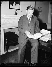 Photo:1936 Man Reading Papers Office Fireplace Suit Portrait