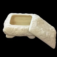 Ivory Bisque Porcelain Trinket Box Victorian Style Lid Embossed Romantic Shabby