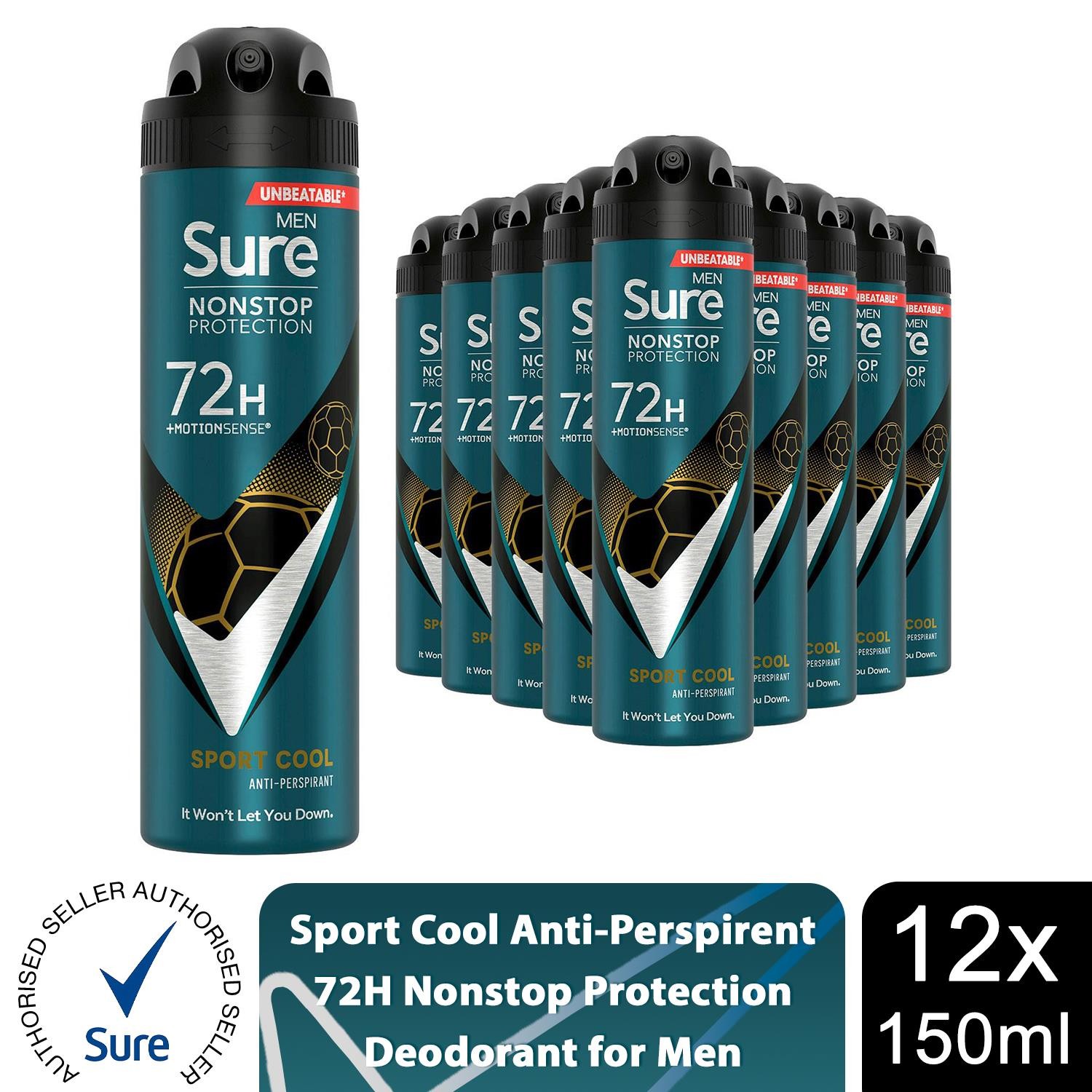 Sure Men Nonstop Protection 72H Anti-Perspirant Deodorant Sport Cool 150ml, 12pk