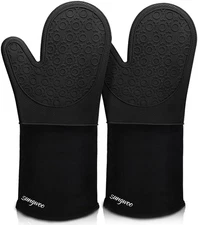 Extra Long Silicone Oven Mitts, Heat Resistant Oven Gloves with Quilted Liner No