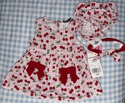 NWT RARE EDITIONS Red Pink Cherry Gingham Dress Bloomers Headband Dress 12 Month