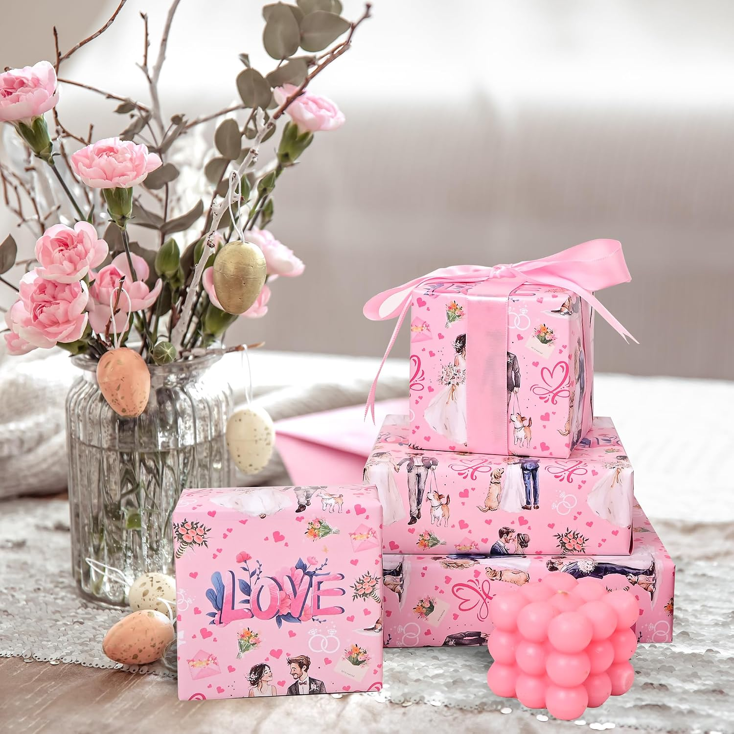 Reversible Wedding Wrapping Paper Roll for Girls Women - Pink Floral ...