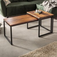 2Er Set Design Couchtisch Elements 100Cm Sheesham Massivholz Stone Finish Metall