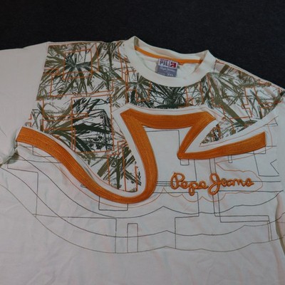 Pepe Jeans Mens 3XL White T Shirt Embroidered Y2k Vintage Hip Hop Skater Retro
