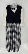 Allison Che Vintage Dress Womens 16 Blue White Check Print Maxi Vest Ruffles