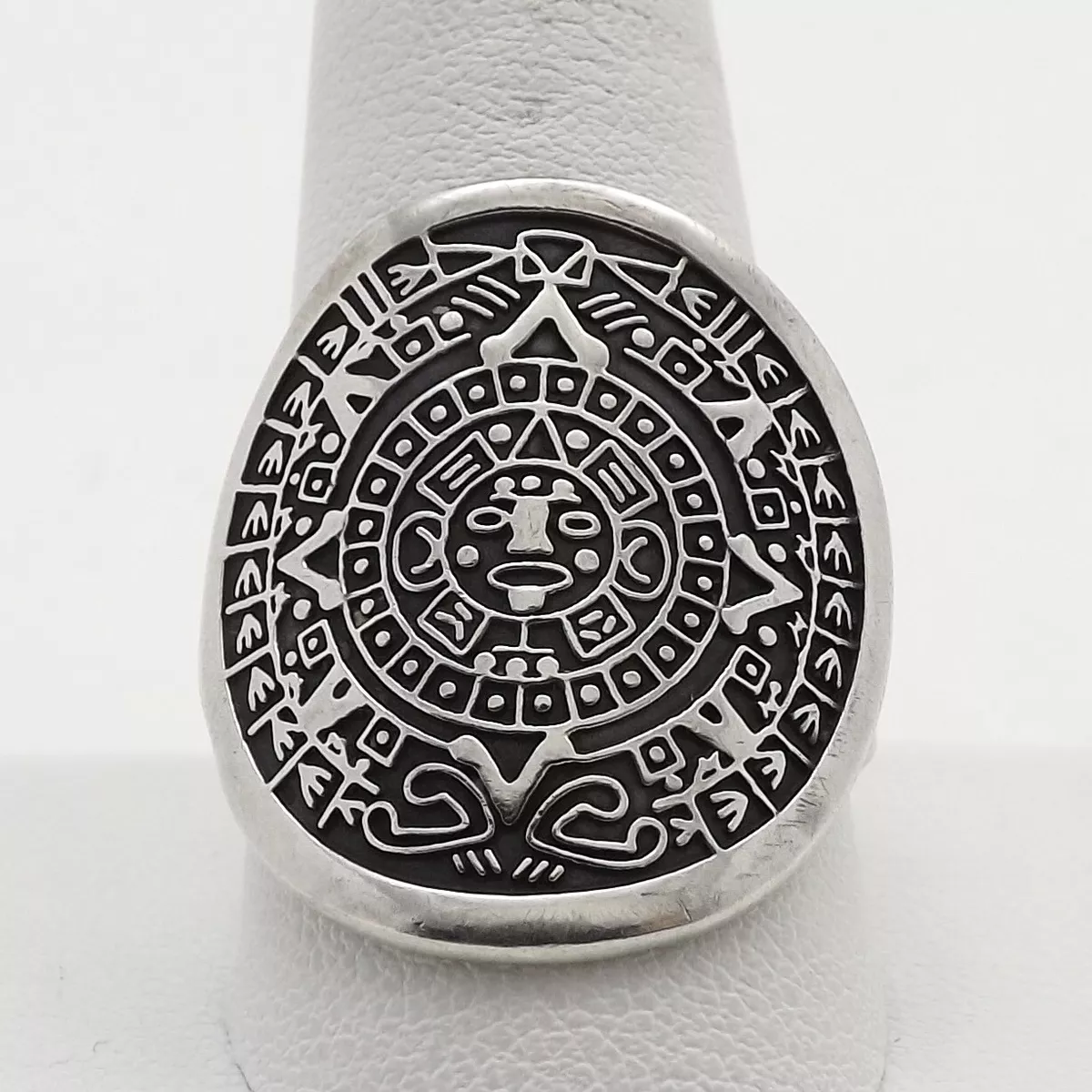 Vintage Mexican Sterling Silver Aztec Mayan Sun Calendar Ring sz11
