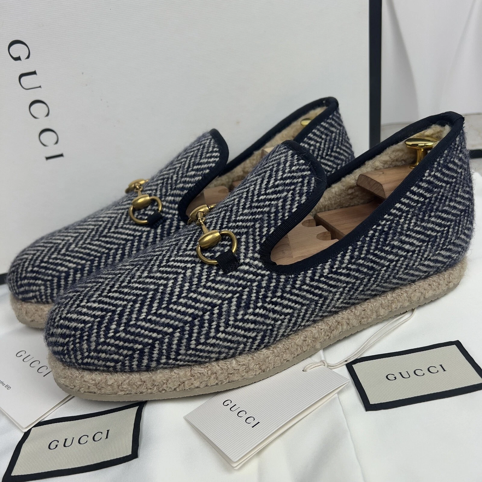 Mocassin espadrille laine bleu marine 7 G 7,5 US GUCCI Fria Horsebit neuf avec étiquette