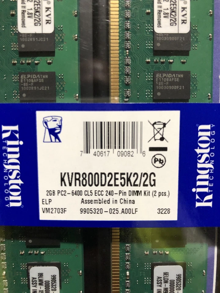 2GB Kit (2x1GB) Kingston DDR2-800 PC2-6400U Non-Reg ECC Ram - Image 3 of 4