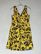J Crew Floral Pique Dress Size 2 Yellow Floral Double V Neck Fit Flare Pleated