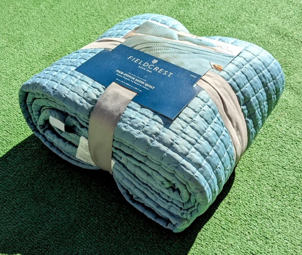 Aqua Fieldcrest The Patel Collection Pick-Stitch Quilt Queen+Satin Sham NWT - Image 4 of 4