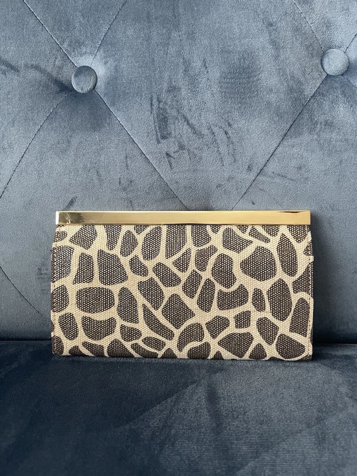 Kate Landry Linen Leather Clutch Organizer Bag Giraffe Animal Print Gold Clasp - Image 2 of 4