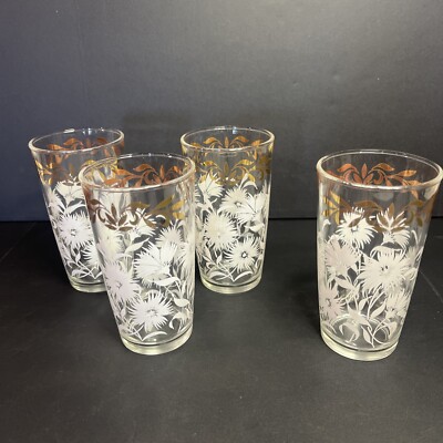 Hazel Atlas White Aster Drinking Glasses Barwar Set 4 Gold Trim White Flower Vtg