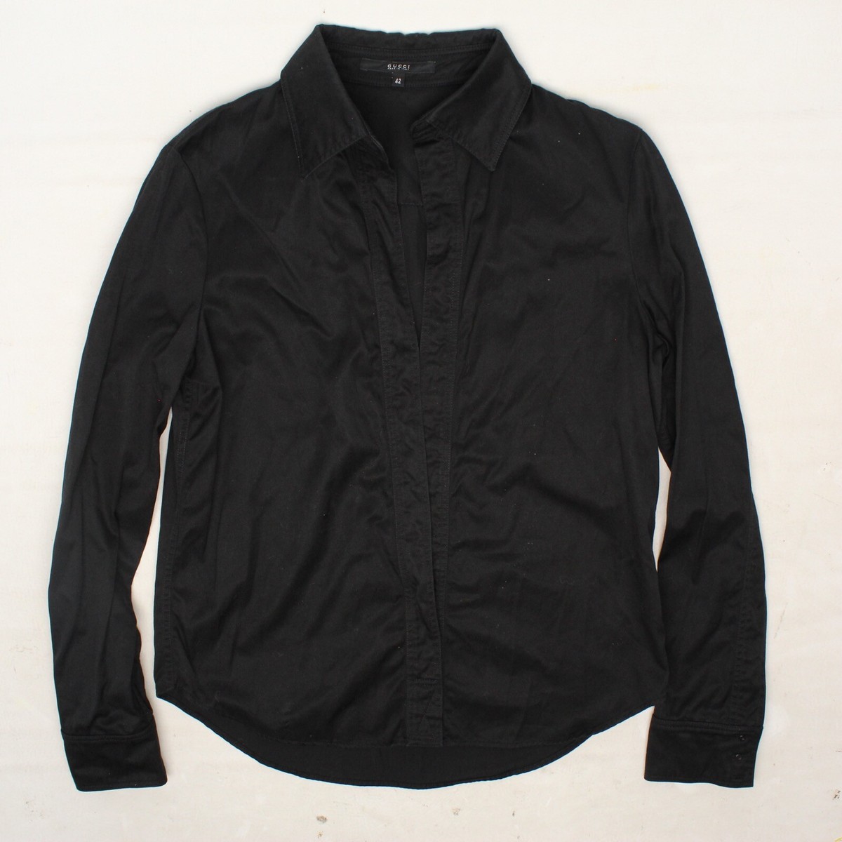 Gucci Womens Club Shirt 42 16/33 Solid Black Cotton Open Front