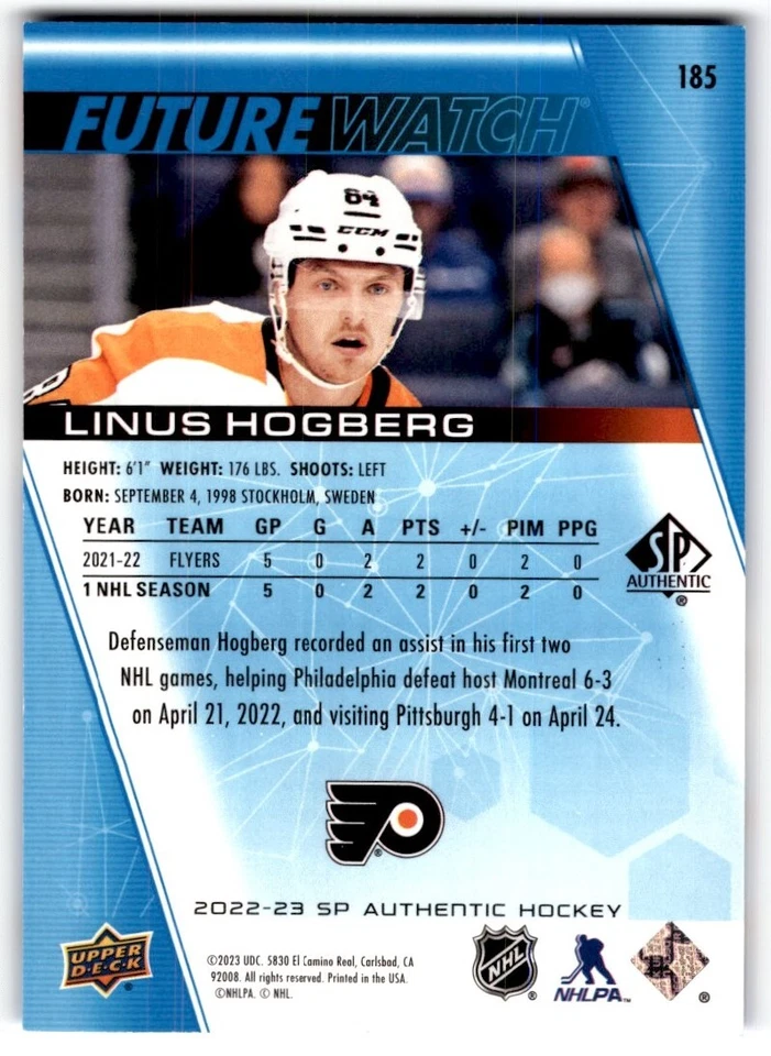 2022-23 SP Authentic Limited Blue Future Watch Linus Hogberg Rookie /399 #185 - Image 2 of 2