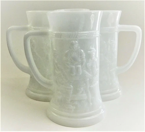 4 Federal  Milk Glass Beer Stein Mug 6" Tumbler Tankard Tavern Scene Vintage