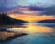 Sunset over a quiet bay oil painting 8x10 Print