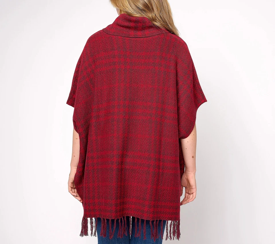 Poncho Denim & Co. Talla XS/S Cuadros Jacquard Capucha Cuello con Flecos Dobladillo VINO A624151 Foto 2 de 4