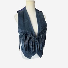 Vintage Navy Blue Leather Fringe Western Retro Boho Tie Back Vest Size M