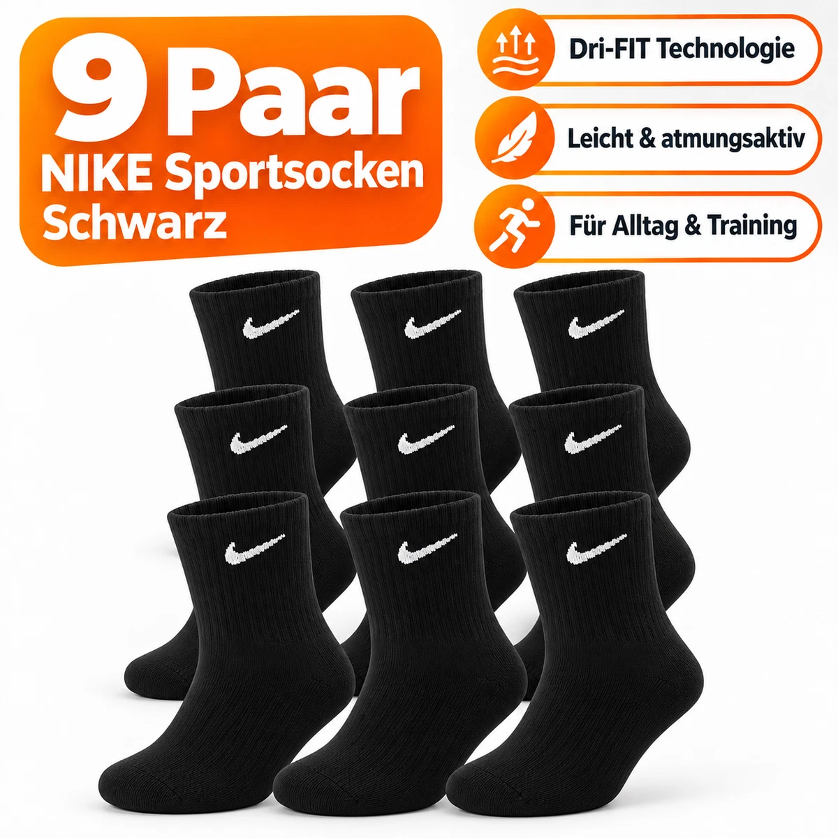 NIKE 9 Paar Everyday Lightweight Crew SX7676 Tennis Socken Farbe:Schwarz