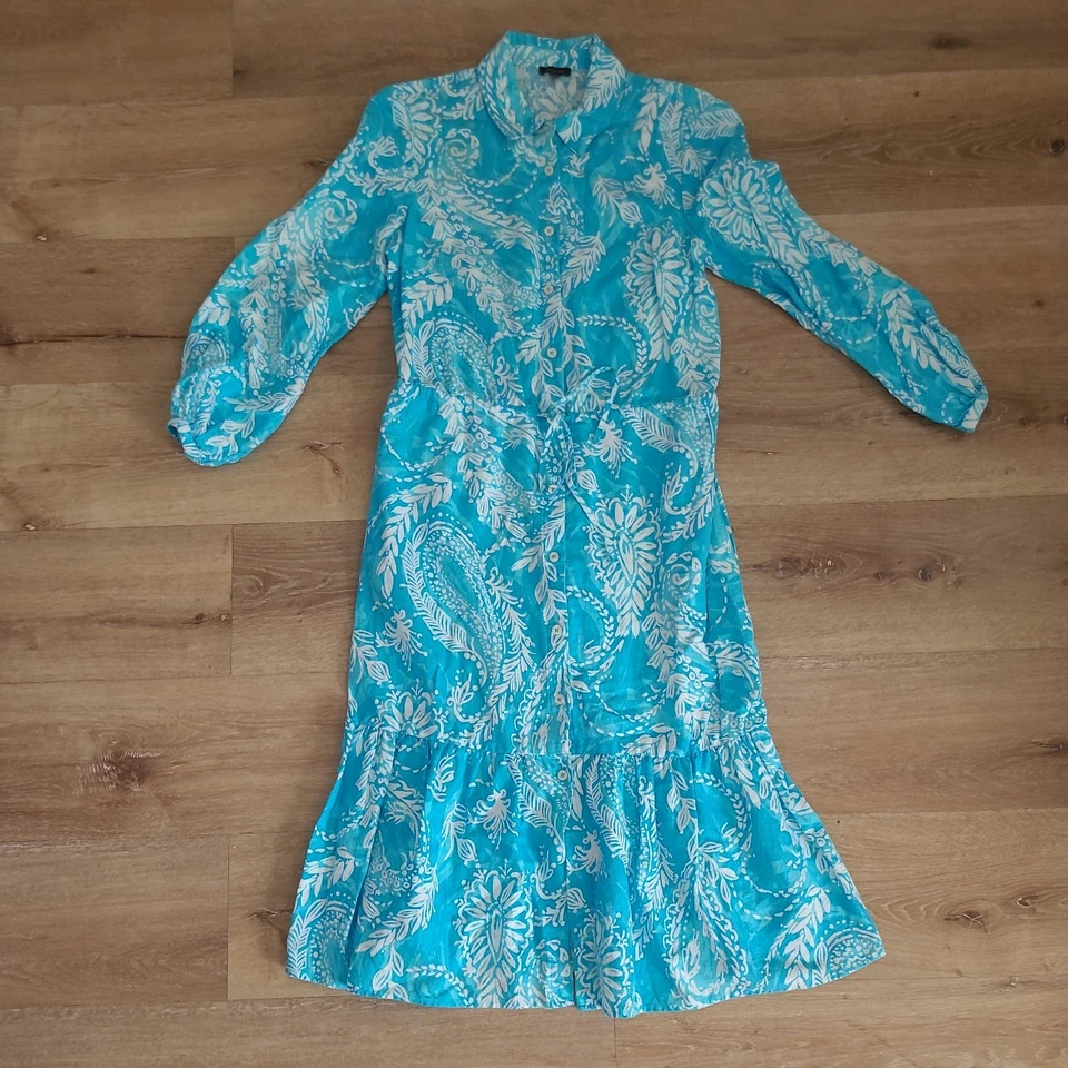 Vestido Talbots Mujer 6 Azul Blanco Cachemira Lino Algodón Camisa Midi Corbata Cintura Foto 2 de 4