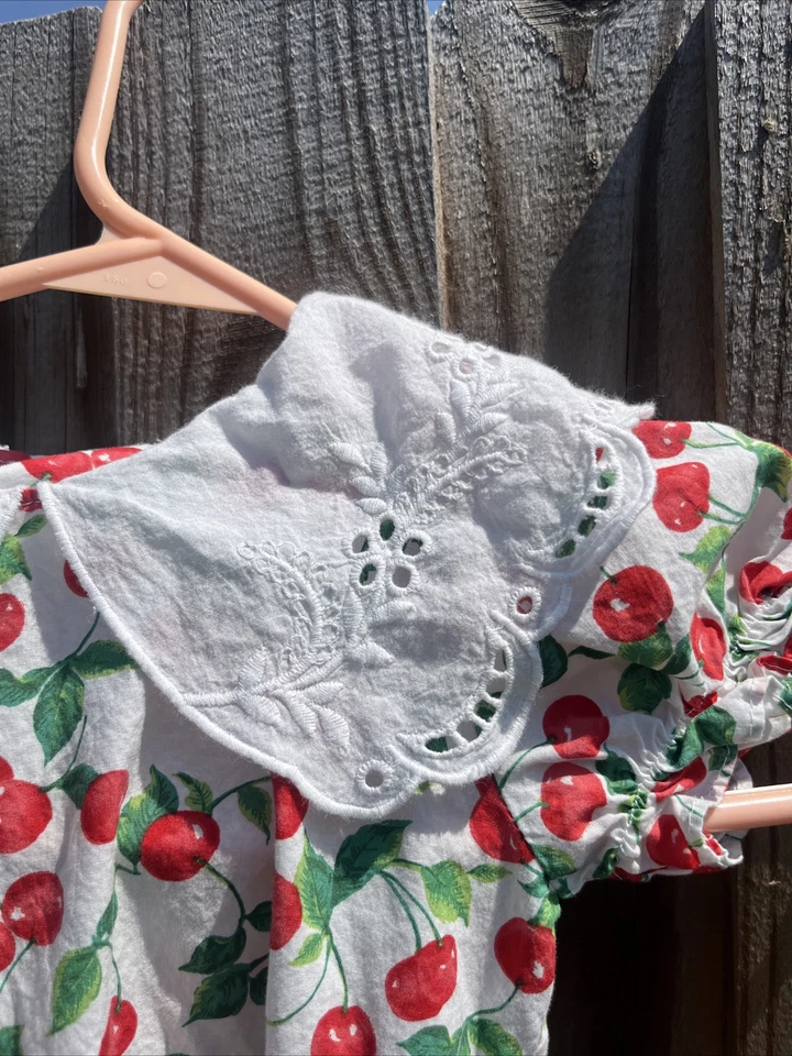 Pink Berry Vintage Fruitty Cherry cherries party Dress Girls Sz 7 eyelet collar - Image 4 of 4