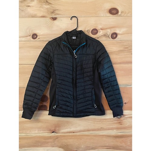 Ariat Women's lightweight puffer horse riding jacket. Logo. Black/Teal. Medium