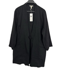 NWT $398 Eileen Fisher 1X Black Organic Linen Notch Collar Long Open Jacket