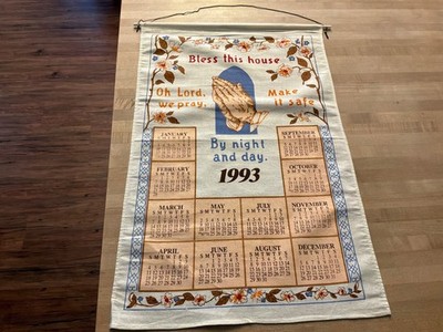 Vintage 1993 Linen Calendar Bless This House Praying Hands with hanger