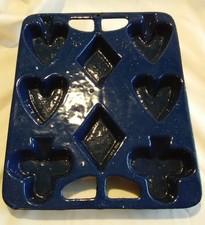 Vintage Cast Iron Enamel Blue Speckled Gem / Muffin Pan - Card Suit Shapes Molds