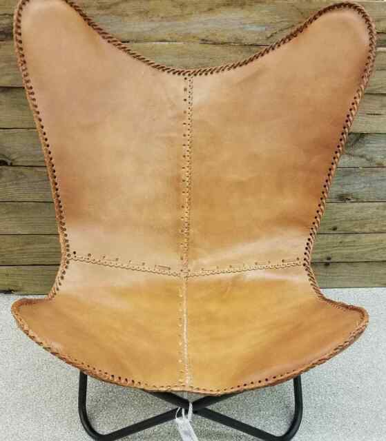 Camel Color Handmade Leather Stitch Butterfly Black Full Folding Relax Arm chair