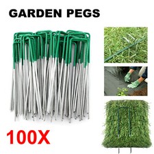 100X Artificial Grass Pins Green Galvanised Metal U Pegs Membrane Fabric Staple