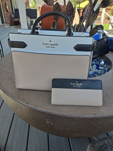 Kate Spade NY Staci Colorblock Medium Satchel in Warm Beige Black W/ Wallet NWOT