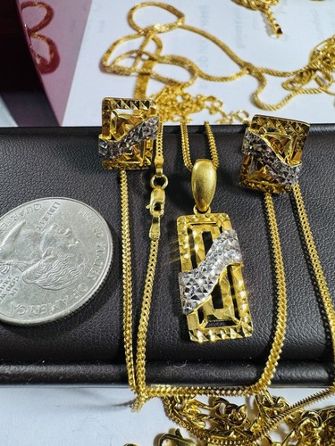22CT 22KT 916 Gold Set Rectangle Earring Pendant Necklace 20” long 12.7g 1.5mm - Picture 12 of 24