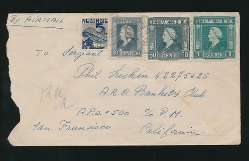 DUTCH EAST INDIES 1947 AIRMAIL to SAN FRANCISCO MULTI FRANKING + 5c USED AS SEAL - Picture 2 of 3